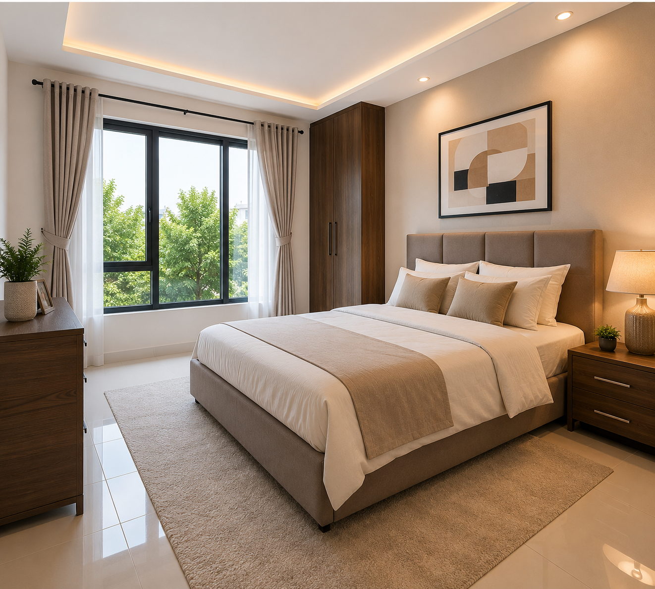 Chambre moderne et lumineuse avec plantes